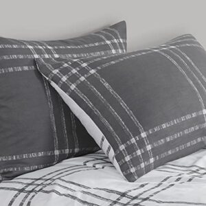 Intelligent Design Pike Reversible Duvet Set, Cottage Plaid Print, Modern Cabin Lifestyle, All Season Bedding Cover for Comforter with Matching Sham, Full/Queen White/Grey 3 Piece