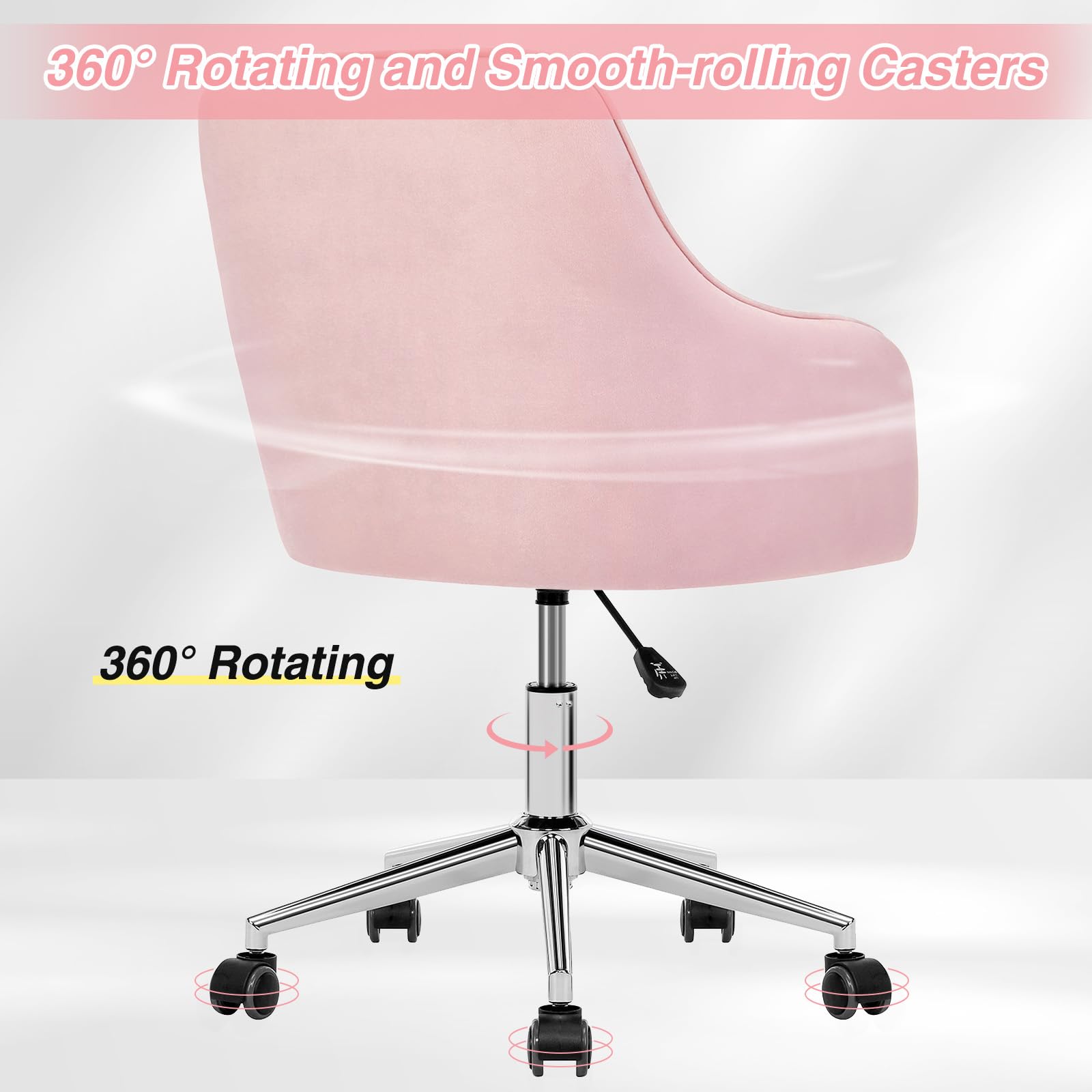 VANSPACE Velvet Desk Chair Vanity Chair for Makeup with Wheels and Back Home Office Chair Adjustable Rolling Swivel Chair for Bedroom Vanity Room Pink