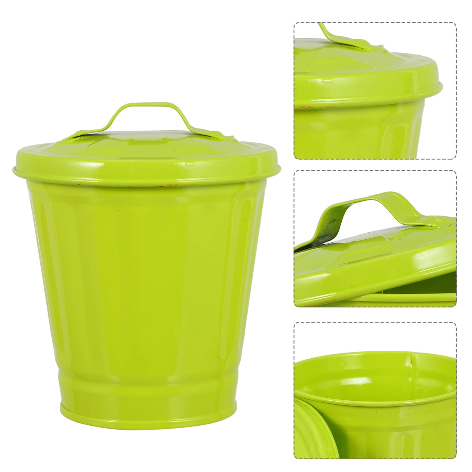 POPETPOP Small Trash Can with Lid, Tiny Garbage Can Galvanized Vase Plant Pots Mini Wastebasket with Lid Desk Organizer Storage Bin Pen Holder Desktop Trash Bin Metal Planter Bucket