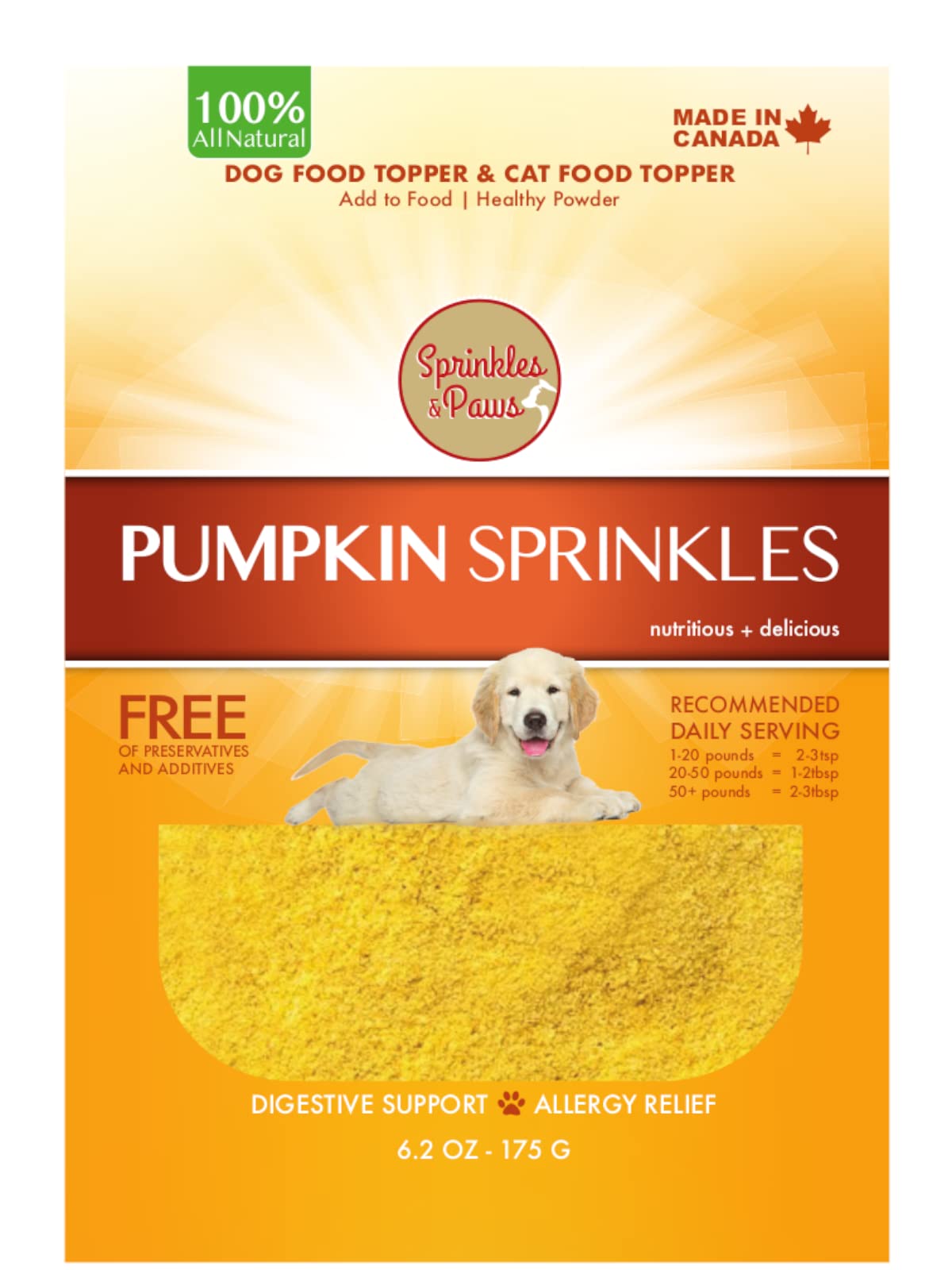 SPRINKLES & PAWS Pumpkin Powder for Dogs | Dog Food Topper Made in Canada with organic pumpkins | Helps Digestive Health, Allergy Relief, Skin & Coat, and with poop | Mix with food