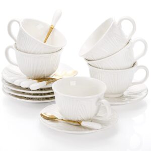 okllen set of 6 royal tea cups and saucers, 8 oz large cappuccino cups set with spoon, white porcelain tea cup set british coffee cups for latte, cafe mocha, cappuccino, tea party