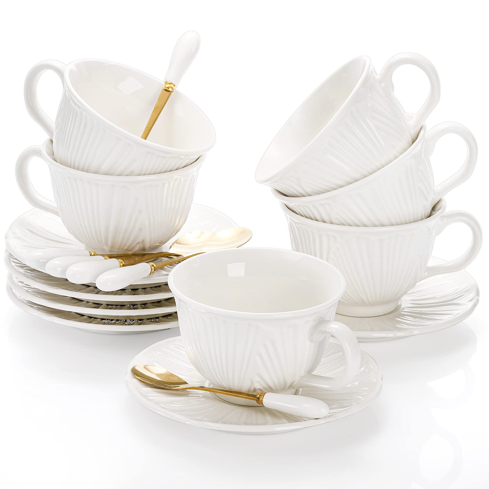 Okllen Set of 6 Royal Tea Cups and Saucers, 8 Oz Large Cappuccino Cups Set with Spoon, White Porcelain Tea Cup Set British Coffee Cups for Latte, Cafe Mocha, Cappuccino, Tea Party