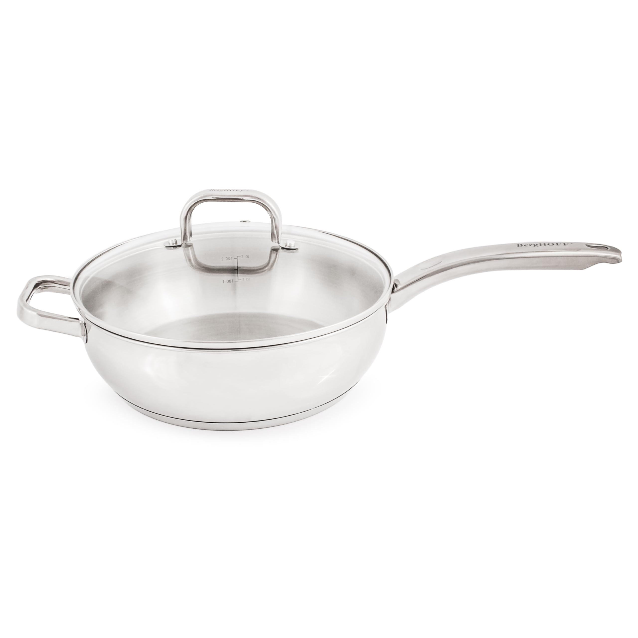 Berghoff Belly Shape 18/10 Stainless Steel 9.5 Inches Deep Skillet 3.2qt., Glass Lid, Fast, Evenly Heat, Induction Cooktop Ready