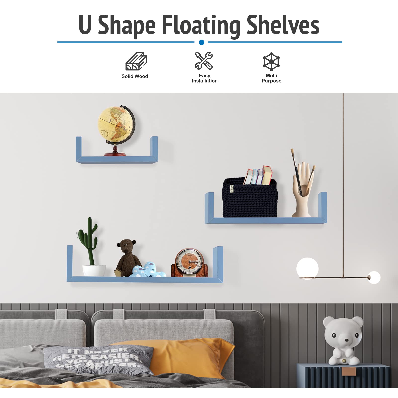 AJP Distributors Blue Wall Mounted Shelf U-Shaped Floating Shelves Home Decoration Book DVD Storage Display Unit MDF Laminate Solid Wood Set of 3 Sizes For Bathroom Bedroom Living Room Kitchen Office