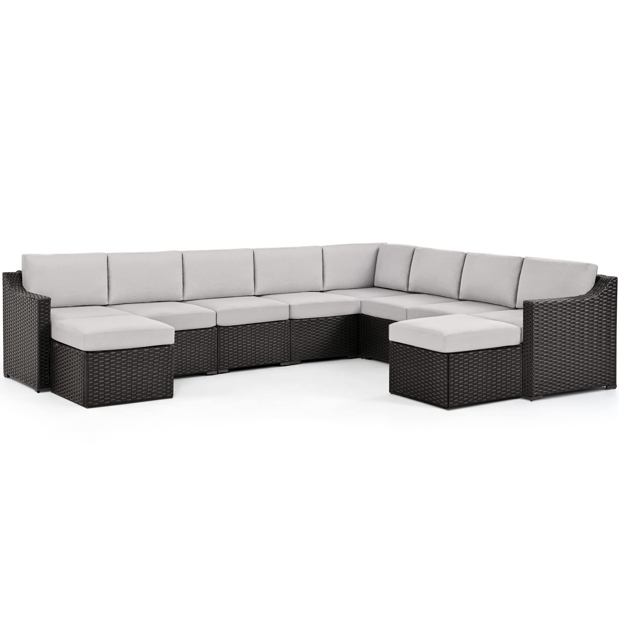 HAPPATIO 10 Piece Patio Conversation Set,All-Weather Patio Furniture Set with Multiple Configuration Options,Rattan Wicker Outdoor Sectional Sofa with Thick Cushions. Easy Setup. (Brown/Gray)