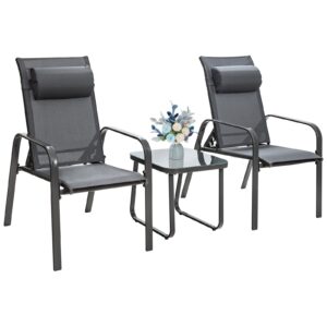 tangkula 3 piece outdoor bistro set, patio stackable chairs with adjustable & folding backrest, removable headrest and tempered glass coffee table set, patio conversation set with steel frame (grey)