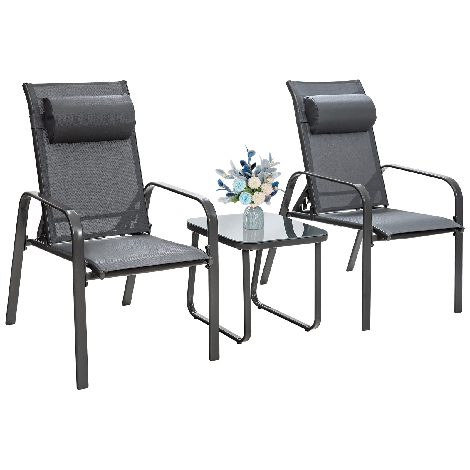 Tangkula 3 Piece Outdoor Bistro Set, Patio Stackable Chairs with Adjustable & Folding Backrest, Removable Headrest and Tempered Glass Coffee Table Set, Patio Conversation Set with Steel Frame (Grey)