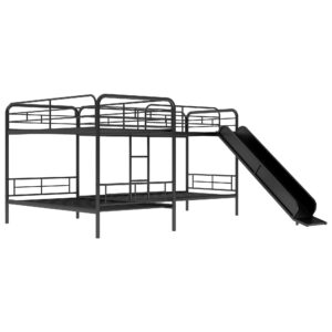 L-Shape Bunk Bed for 4, Quad Bunk Beds with Slide, Corner Bunk Beds Frame, Metal Twin Size Bunk Bed for Kids, Teens, Adults, No Box Spring Needed (4 Beds, Black)