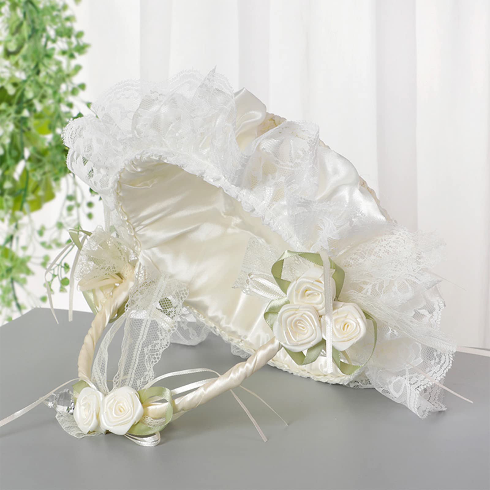 DULRLLY Wedding Flower Girl Basket, Hand-woven Storage Basket with Removable Handle and Rhinestone, Sweet Romantic Petals Basket, Lace Bowknot Bride Basket for Wedding