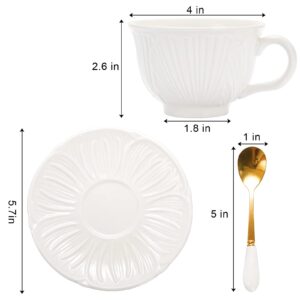 Okllen Set of 6 Royal Tea Cups and Saucers, 8 Oz Large Cappuccino Cups Set with Spoon, White Porcelain Tea Cup Set British Coffee Cups for Latte, Cafe Mocha, Cappuccino, Tea Party