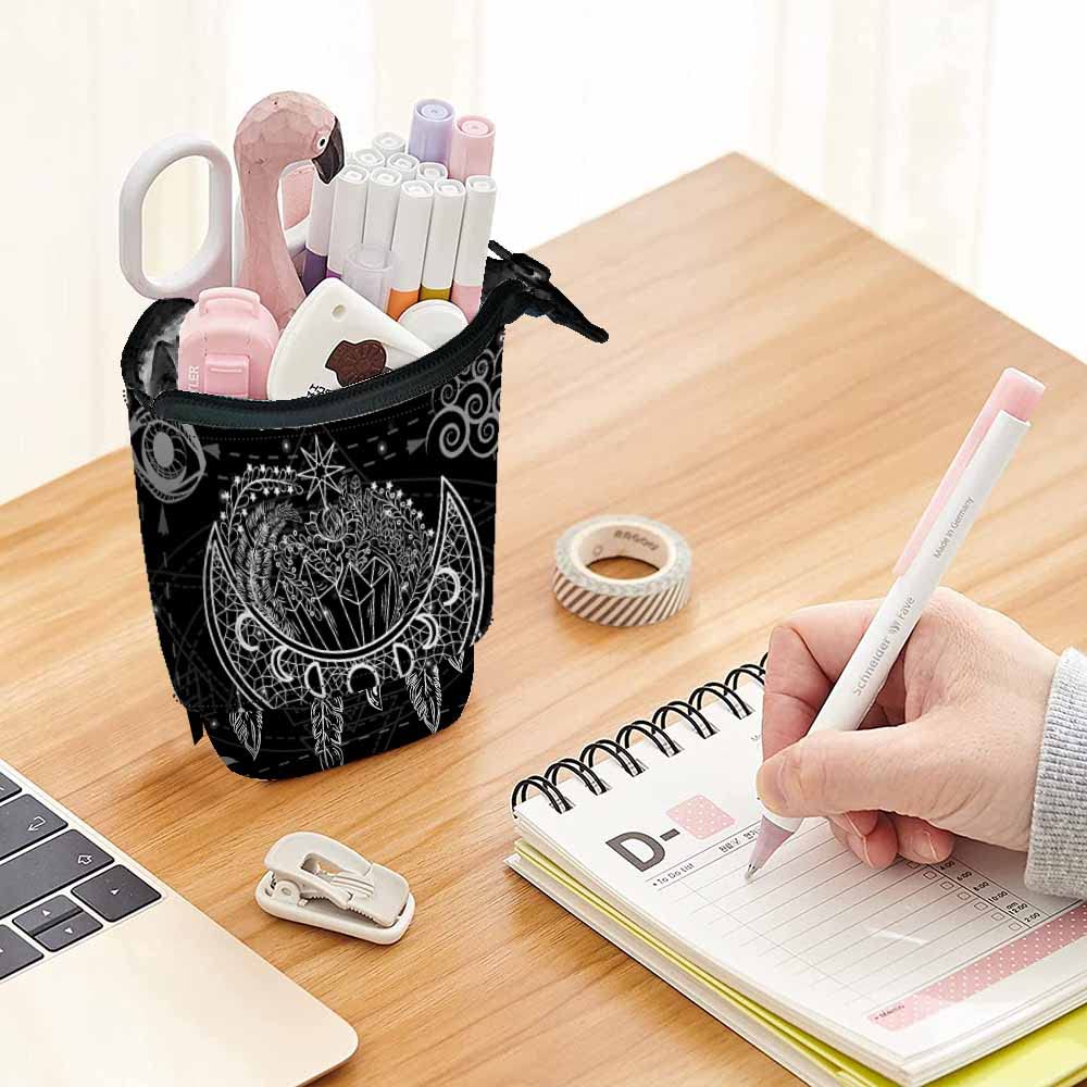 Swono Moon Dreamcatcher Colored Pencil Case Flowers Crystals Stars Arrows Feathers Boho Chic Style Standing Pencil Case Pencil Holder Pencil Pouch Cosmetics Pouch Makeup Office Bag Black White