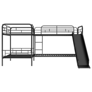 L-Shape Bunk Bed for 4, Quad Bunk Beds with Slide, Corner Bunk Beds Frame, Metal Twin Size Bunk Bed for Kids, Teens, Adults, No Box Spring Needed (4 Beds, Black)