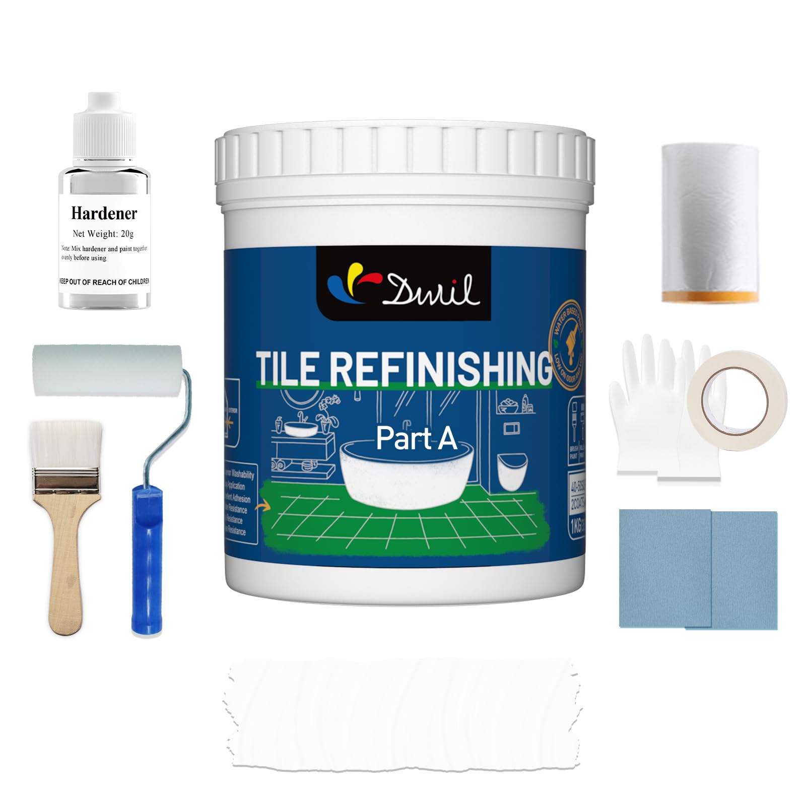 DWIL Tub Paint Tub and Tile Refinishing Kit - Water Based&Low Odor Bathtub Paint White with Tools, Tile Paint Easy Cover Sink Paint Tub Paint, Bathroom Tile Paint kit Semi-Gloss White 1KG/50-55sq.ft