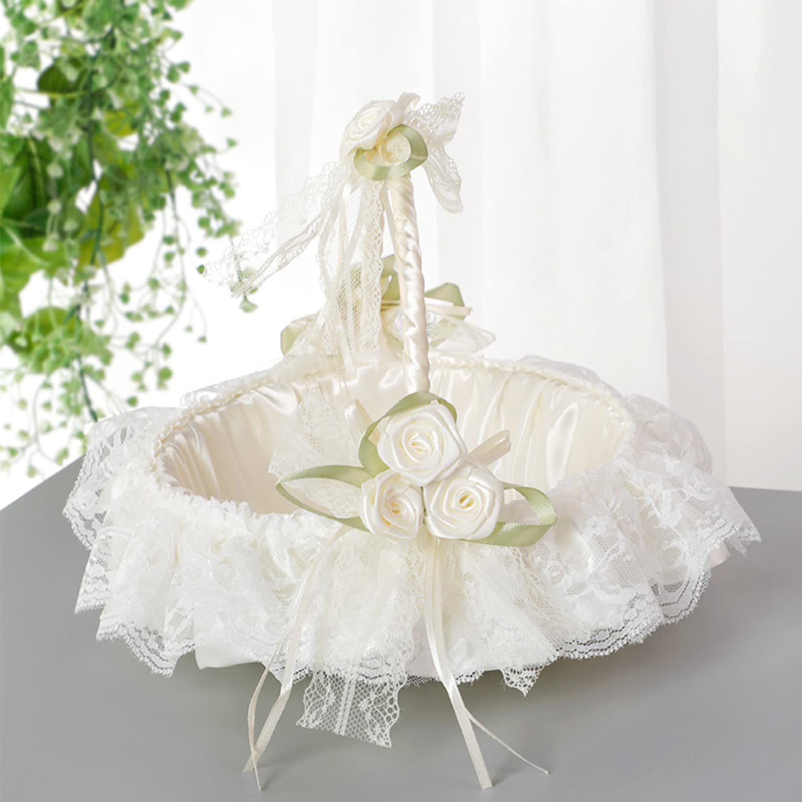 DULRLLY Wedding Flower Girl Basket, Hand-woven Storage Basket with Removable Handle and Rhinestone, Sweet Romantic Petals Basket, Lace Bowknot Bride Basket for Wedding