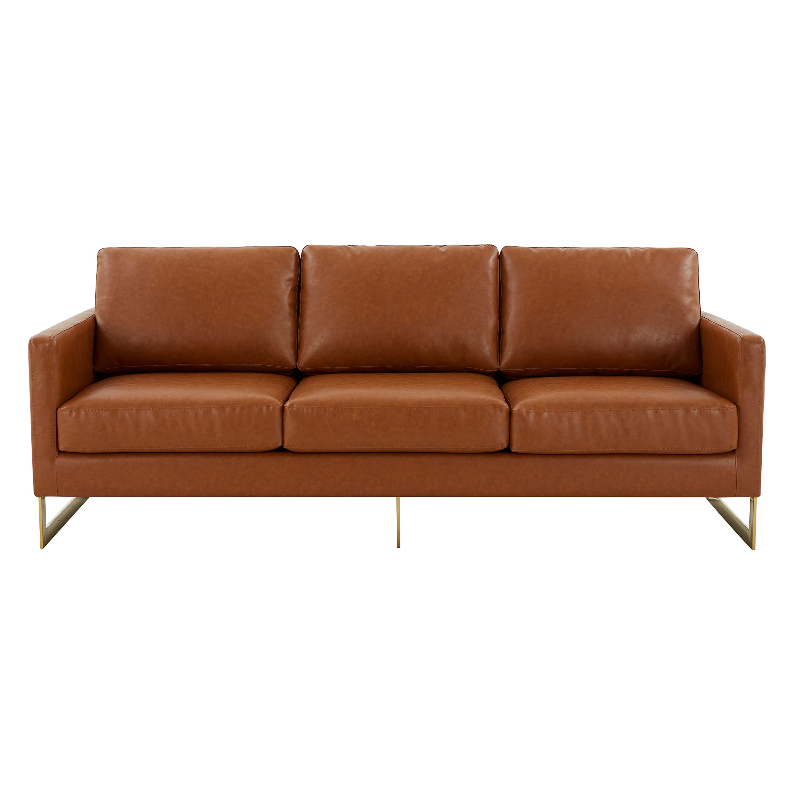 LeisureMod Lincoln Modern Mid-Century Upholstered Leather 83" Sofa with Gold Frame (Cognac Tan)