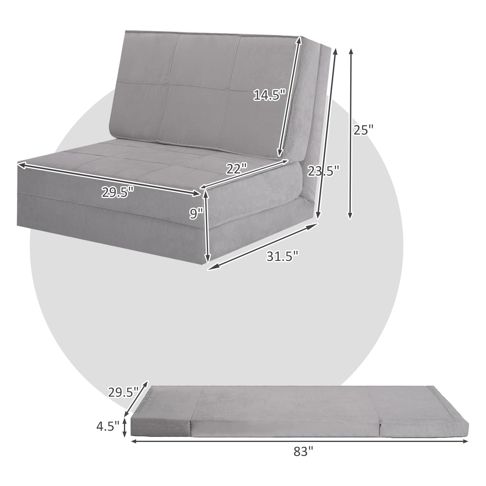 COSTWAY Convertible Flip Chair, 5-Position Adjustable Triple Fold Down Sofa Bed, Steel Frame, Soft Suede Fabric, Upholstered Floor Sleeper Dorm Game Bed for Living Room, Bedroom, Guest Room (Grey)