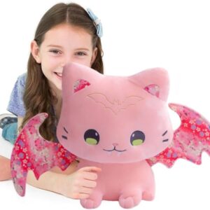 ELAINREN Crazy Cat Plush Kitten Toy with Bat Wings, Cute Kitty Stuffed Animal Floral Cat Plushie Soft Hugging Pillow Decor Furry Purple Bat Cat Dolls Gifts for Xmas,11.8''(Pink/Purple)