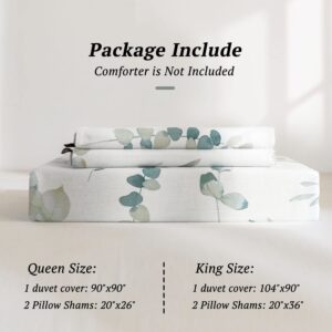 MILDLY Leaf Duvet Cover Sage Green - 100% Washed Cotton Eucalyptus Printed Linen Feel Bedding Set with Zipper Closure 4 Ties King Size