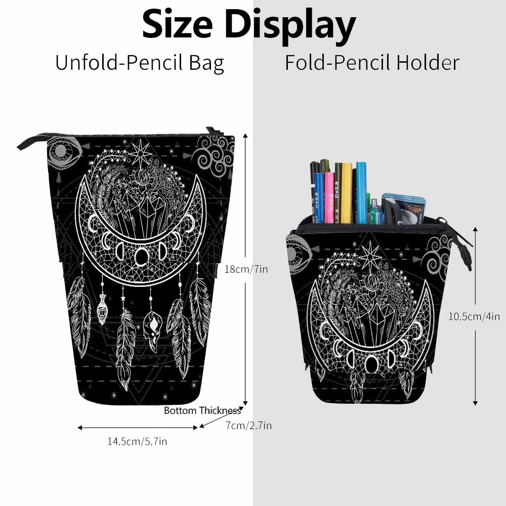 Swono Moon Dreamcatcher Colored Pencil Case Flowers Crystals Stars Arrows Feathers Boho Chic Style Standing Pencil Case Pencil Holder Pencil Pouch Cosmetics Pouch Makeup Office Bag Black White