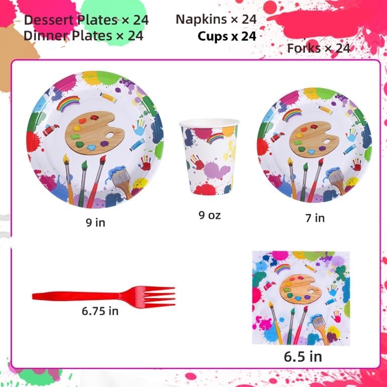 Atonofun Art Birthday Party Supplies, Art Plates and Napkins, Art Paper Plates, Cups, Napkins and Cutlery for Paint Birthday, Baby Shower Art Themed Parties Serves 24