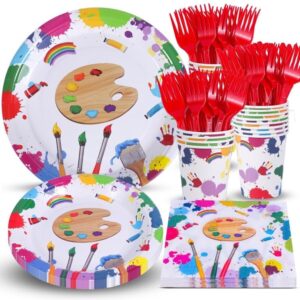 Atonofun Art Birthday Party Supplies, Art Plates and Napkins, Art Paper Plates, Cups, Napkins and Cutlery for Paint Birthday, Baby Shower Art Themed Parties Serves 24