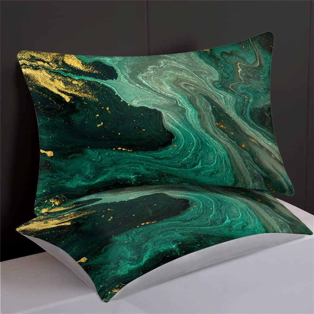 TOPTREE Green Marble Duvet Cover King - Soft Emerald Green Bedding Set with Gold Powder Print Pattern 3piece Forest Green Marble Bed Set for Women Adults (King, Agate Ripple)