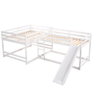 L-Shaped Bunk Beds for 4, Full over Twin Bunk Beds with Slide, Solid Wood Quad Bunk Bed for Kids, Teens, Adults, White