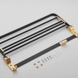 Bathroom Towel Rack Lavatory Hotel 24 Inch Foldable Towel Shelf with Towel Bar and Movable Hooks, Black and Matte Gold Polished Aluminum Modern Wall Mount Holder