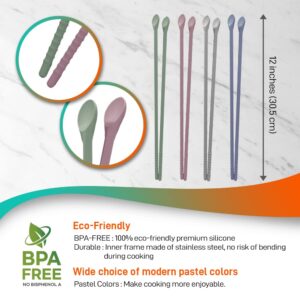 RECOHOME Reusable Long Silicone Cooking Chopsticks with Spoon 12 Inches Dishwasher Safe BPA-free Non-Slip Pastel Color Kitchen utensils Made in Korea (Pastel Grey)