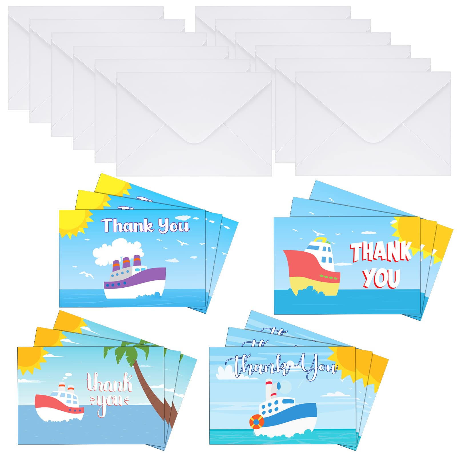 Epakh 12 Pack Cruise Thank You Cards with Envelopes, Nautical Theme, Multicolor, 10 x 15 cm, Suitable for Birthday, Wedding, Graduation, Thank You