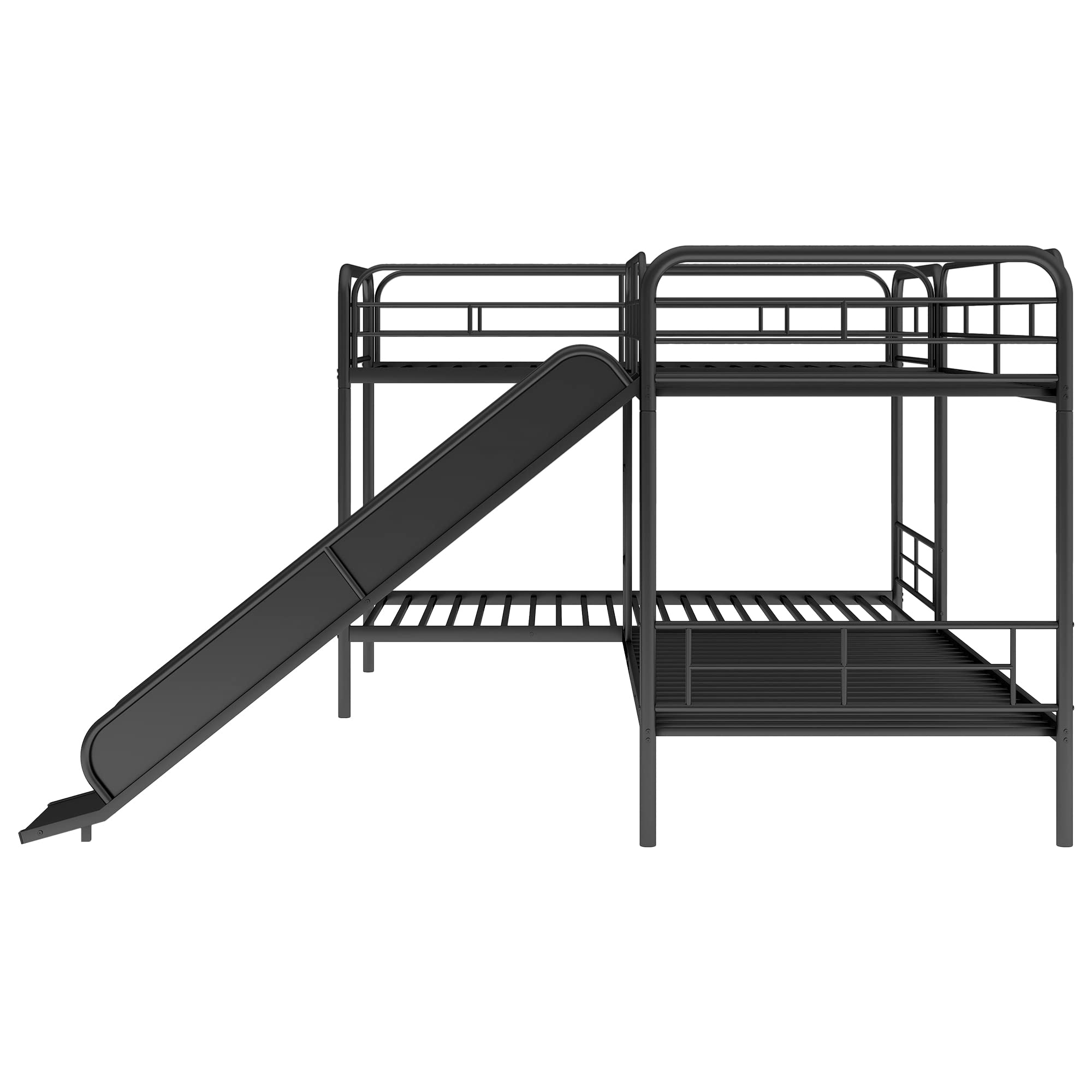 L-Shape Bunk Bed for 4, Quad Bunk Beds with Slide, Corner Bunk Beds Frame, Metal Twin Size Bunk Bed for Kids, Teens, Adults, No Box Spring Needed (4 Beds, Black)