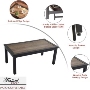 Festival Depot Patio Coffee Table Outdoor Furniture Metal Rectangle with Wooden Finish Table Top and Steel Legs for Deck Poolside Garden Porch (Brown)