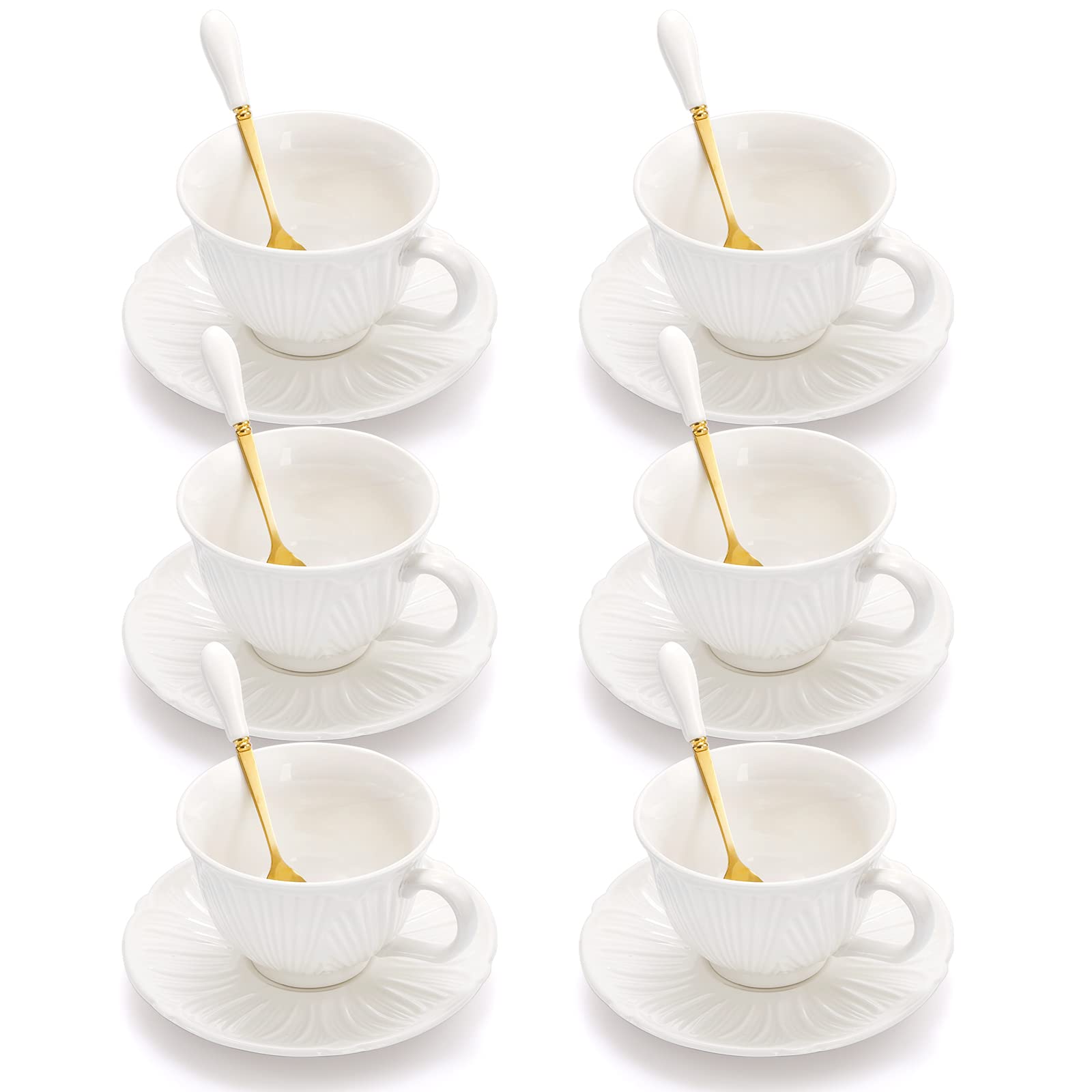 Okllen Set of 6 Royal Tea Cups and Saucers, 8 Oz Large Cappuccino Cups Set with Spoon, White Porcelain Tea Cup Set British Coffee Cups for Latte, Cafe Mocha, Cappuccino, Tea Party