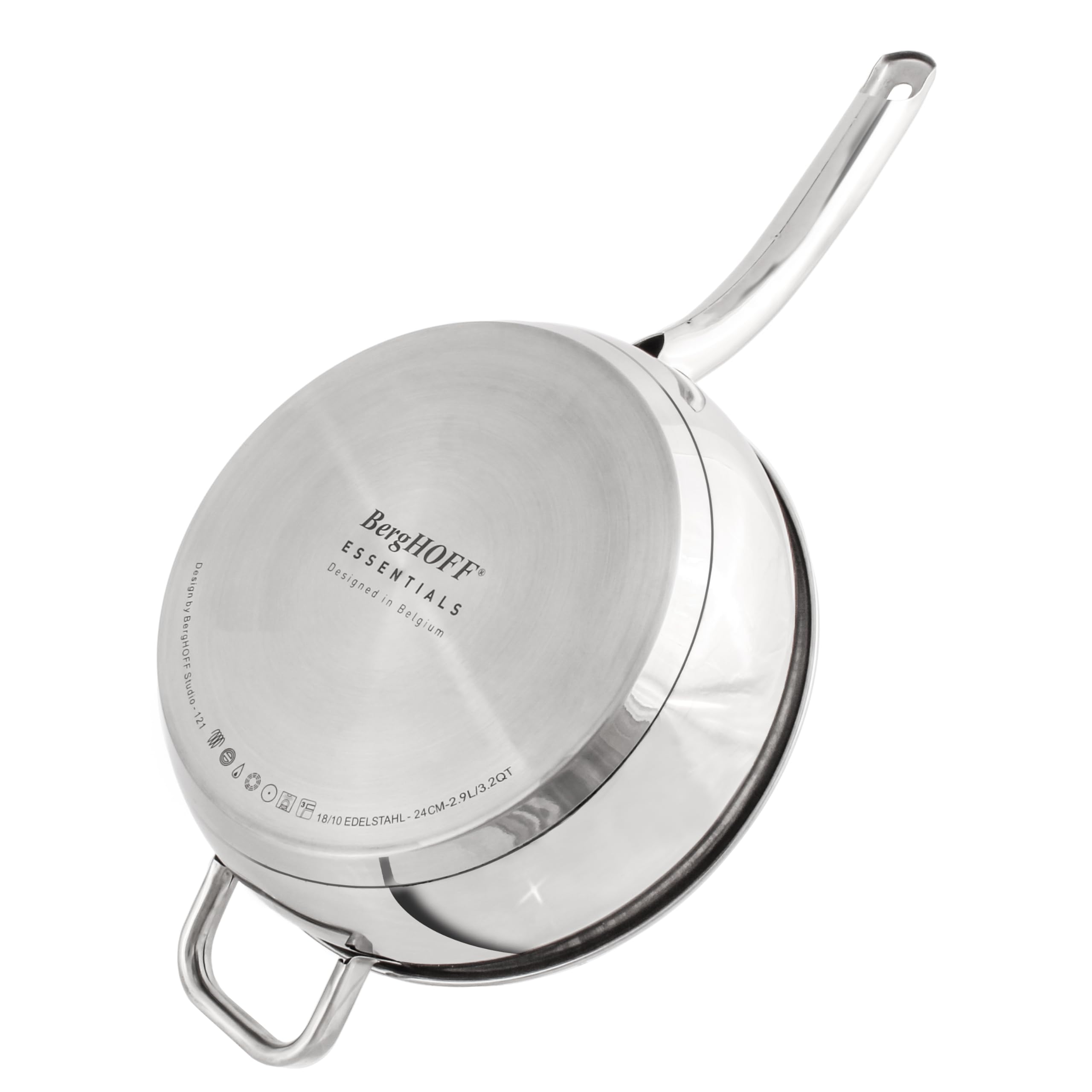 Berghoff Belly Shape 18/10 Stainless Steel 9.5 Inches Deep Skillet 3.2qt., Glass Lid, Fast, Evenly Heat, Induction Cooktop Ready