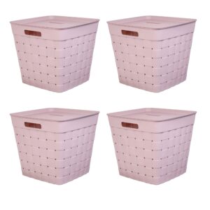 starplast square wicker stacking bins with lids, 4-pack - 14.8x14.8x13.3 inches, durable ldpe plastic, stylish weave design, stackable storage boxes with handles for closet and shelf