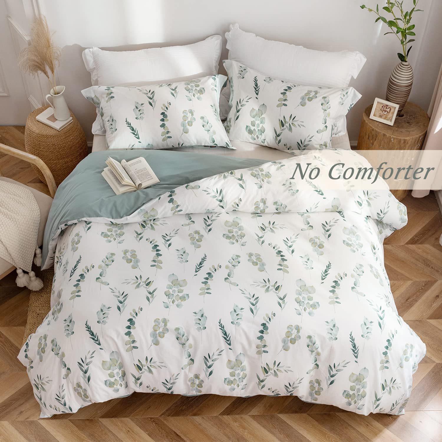 MILDLY Leaf Duvet Cover Sage Green - 100% Washed Cotton Eucalyptus Printed Linen Feel Bedding Set with Zipper Closure 4 Ties King Size