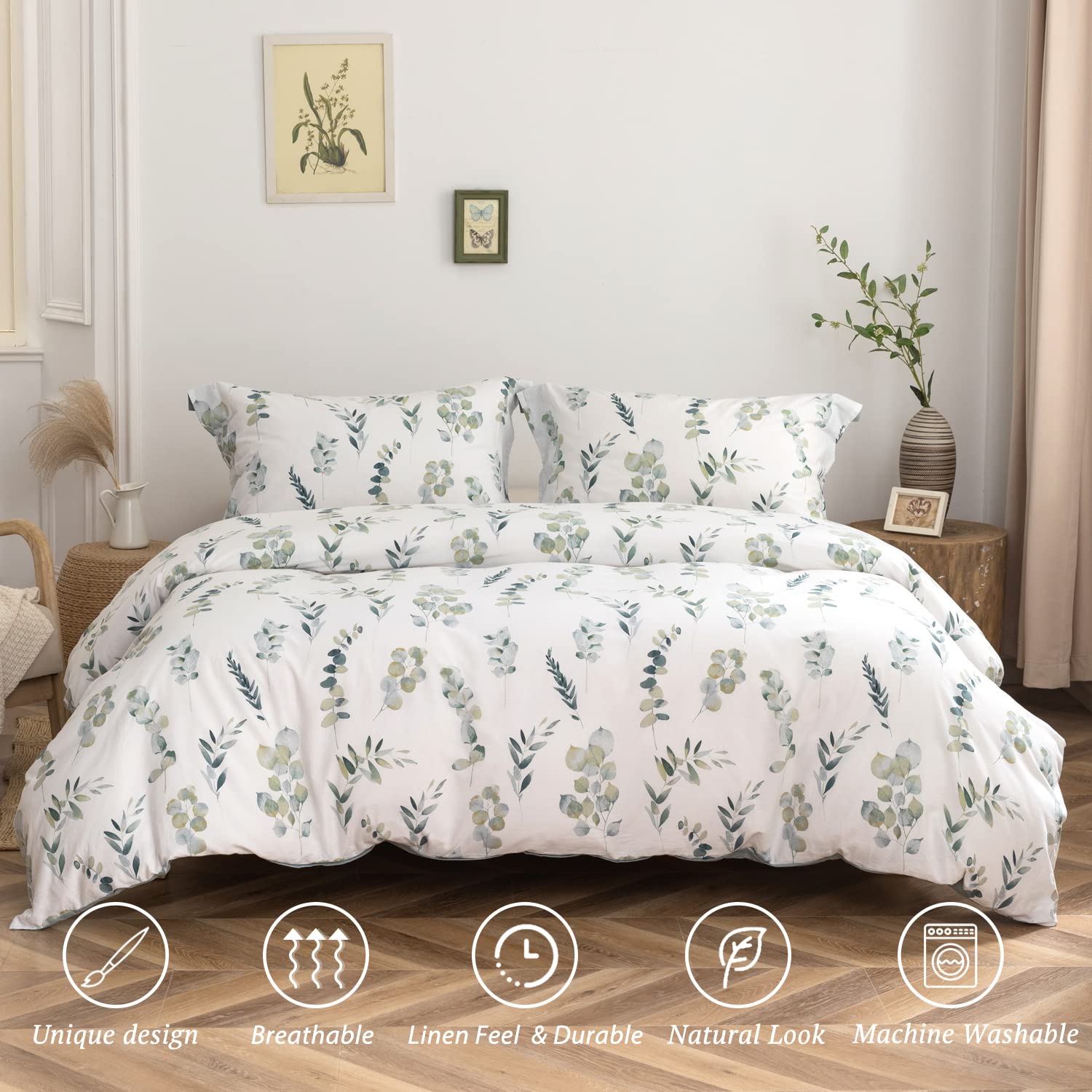 MILDLY Leaf Duvet Cover Sage Green - 100% Washed Cotton Eucalyptus Printed Linen Feel Bedding Set with Zipper Closure 4 Ties King Size