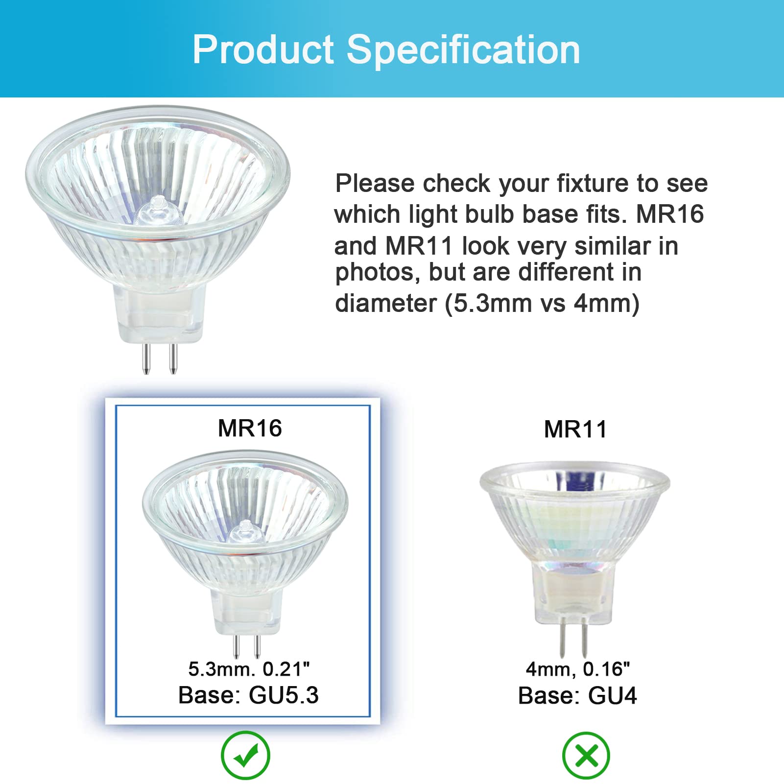 XBOCMY MR16 Halogen Light Bulbs, 6 Pack 50W 12V GU5.3 Bi-Pin Base, Dimmable Spotlights with Glass Cover for Living Rooms, Landscape, Track Lights, Desk Lamps, Fiber Optics