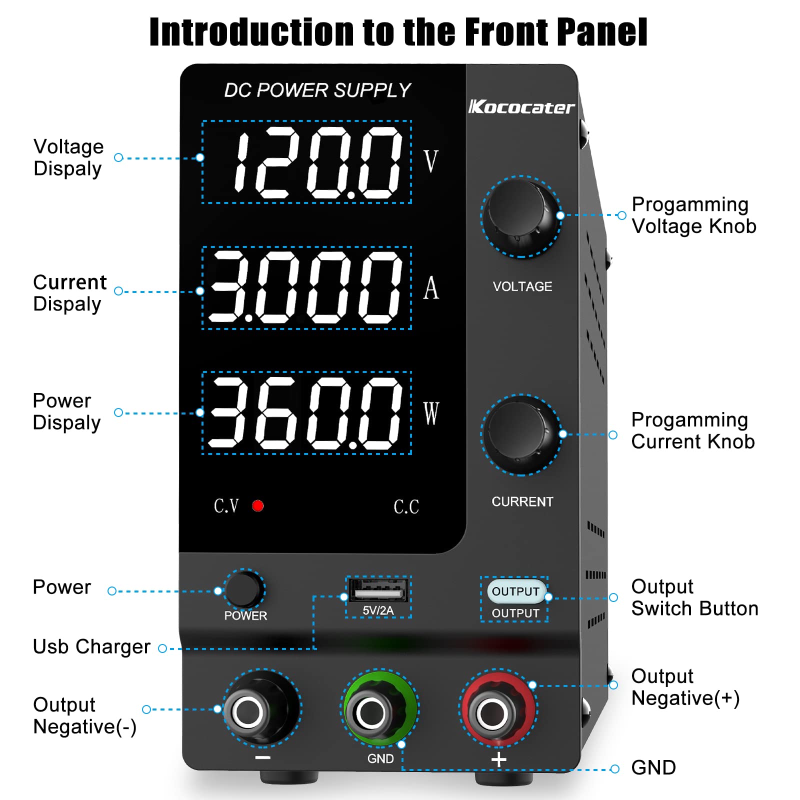 IKococater DC Power Supply Variable 120V 3A with Output Switch, Adjustable Regulated Switching Bench Power Supply with 4-Digits LED Power Display, 5V/2A USB Interface, Accurate Encoder Adjustment Knob