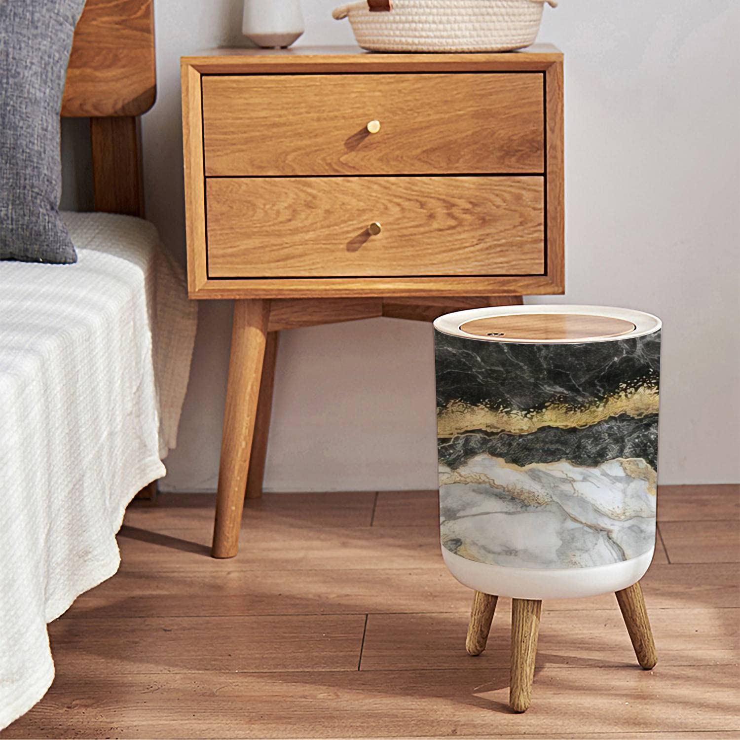 Small Trash Can with Lid abstract creative texture of marble and gold foil decorative marbling Round Recycle Bin Press Top Dog Proof Wastebasket for Kitchen Bathroom Bedroom Office 7L/1.8 Gallon