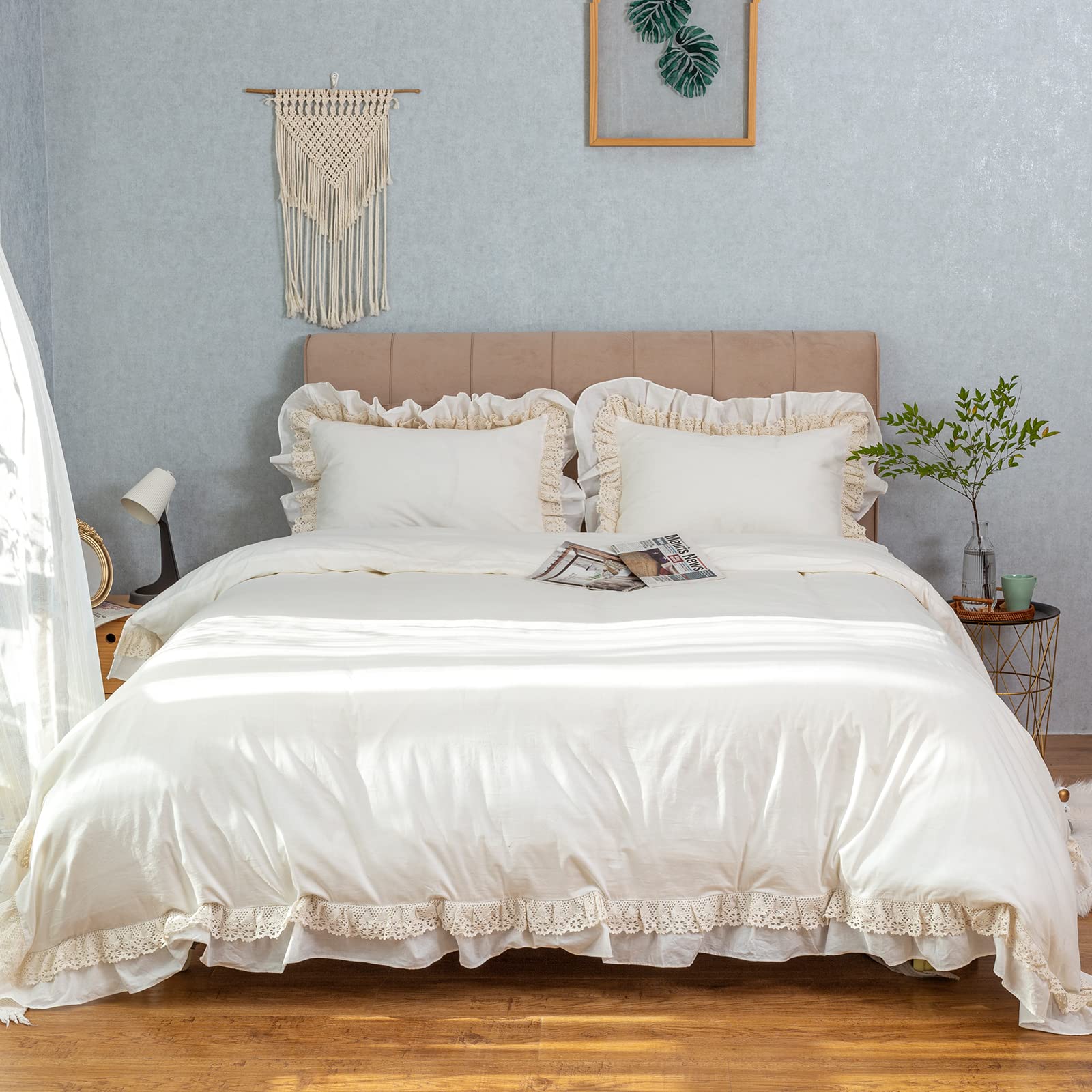 GLORY SEASON 100% Cotton Duvet Cover Set Ruffle Lace Edge Natural White Non-Dyestuff Ivory Washed All Season Comforter Cover Bedding Sets, Matching Shams,(King 104"x90")