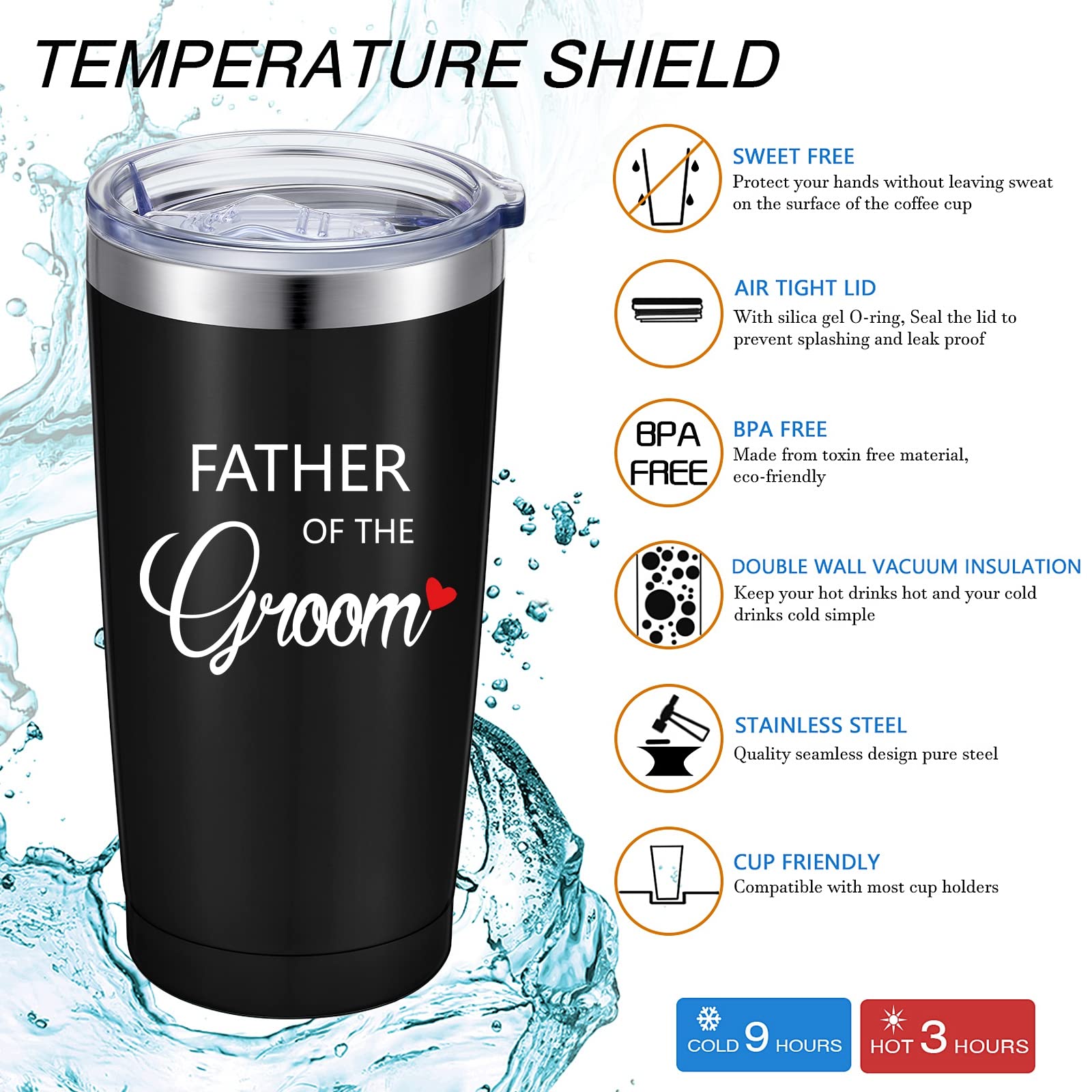 2 Pieces Father of the Bride Tumbler 20 oz Engraved Father of the Groom Travel Mug Father of the Bride Wedding Gifts Black Insulated Tumbler with Lid Straws Brushes for Wedding Rehearsal Party