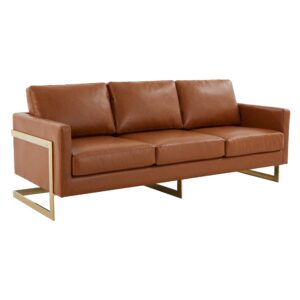 leisuremod lincoln modern mid-century upholstered leather 83" sofa with gold frame (cognac tan)