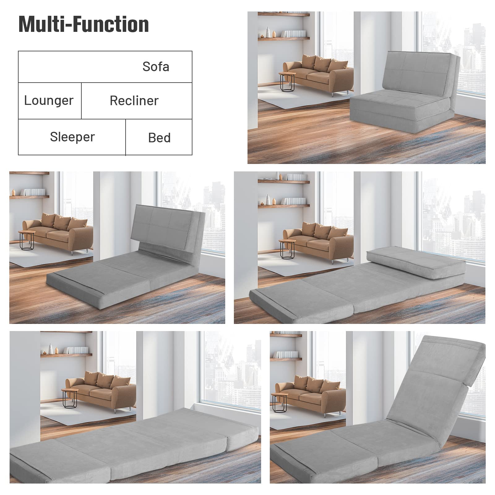 COSTWAY Convertible Flip Chair, 5-Position Adjustable Triple Fold Down Sofa Bed, Steel Frame, Soft Suede Fabric, Upholstered Floor Sleeper Dorm Game Bed for Living Room, Bedroom, Guest Room (Grey)