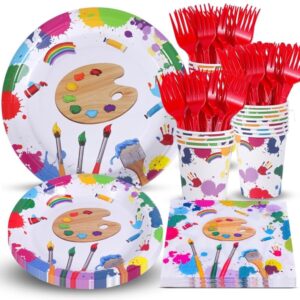 atonofun art birthday party supplies, art plates and napkins, art paper plates, cups, napkins and cutlery for paint birthday, baby shower art themed parties serves 24