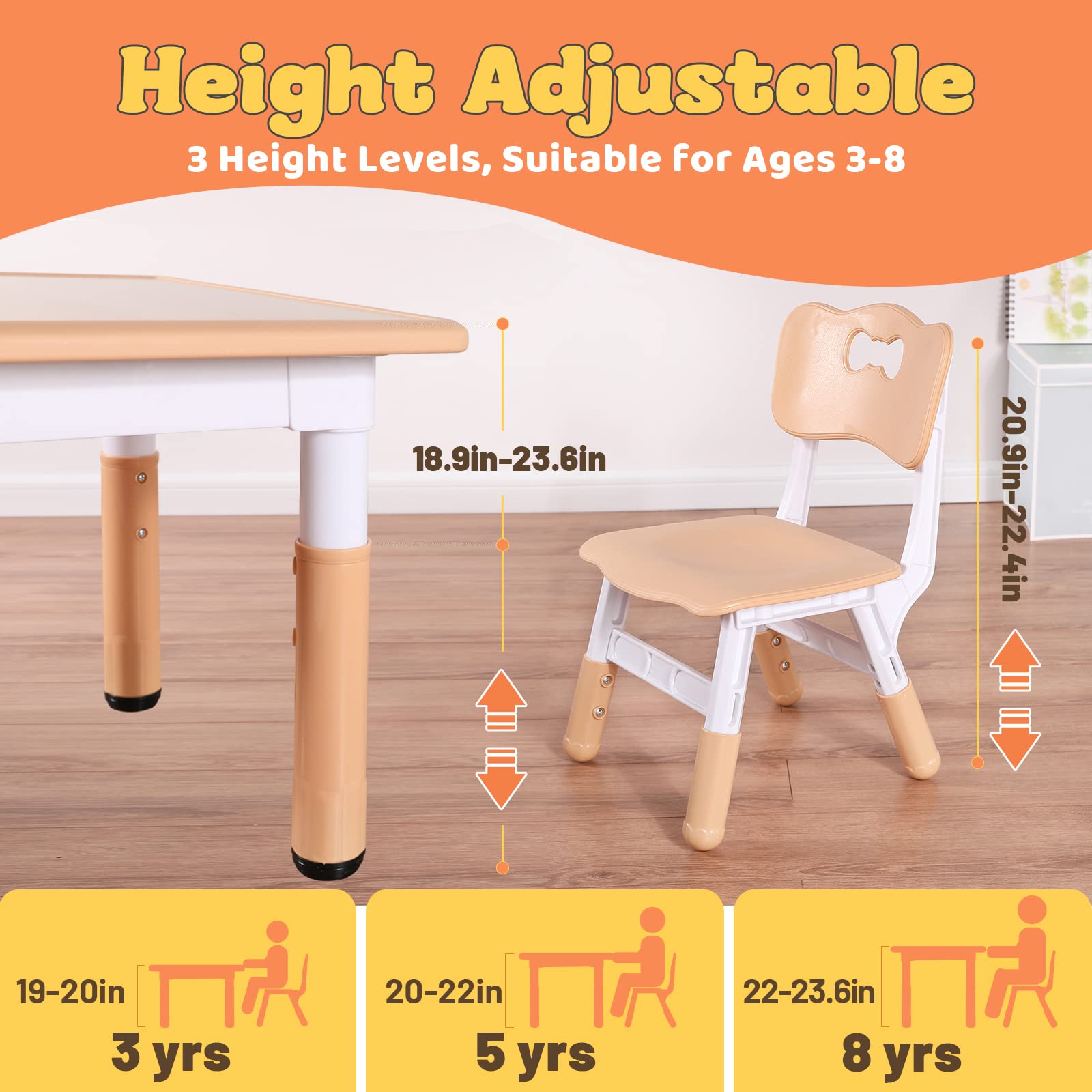 FUNLIO Kids Table and 4 Chairs Set, Height Adjustable Toddler Table and Chair Set for Ages 3-8, Easy to Wipe Arts & Crafts Table, for Classrooms/Daycares/Homes, CPC & CE Approved（5-Piece Set）