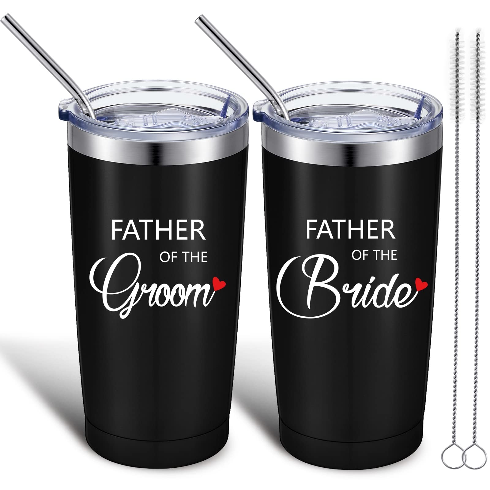 2 Pieces Father of the Bride Tumbler 20 oz Engraved Father of the Groom Travel Mug Father of the Bride Wedding Gifts Black Insulated Tumbler with Lid Straws Brushes for Wedding Rehearsal Party