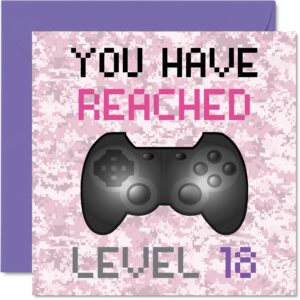 stuff4 18th gamer birthday card - you have reached level 18 - women birthday cards, age 18 eighteen eighteenth games birthday greeting cards, video game gaming daughter mom friend aunt 5.7 x 5.7 inch