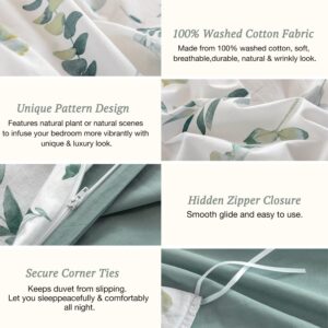 MILDLY Leaf Duvet Cover Sage Green - 100% Washed Cotton Eucalyptus Printed Linen Feel Bedding Set with Zipper Closure 4 Ties King Size