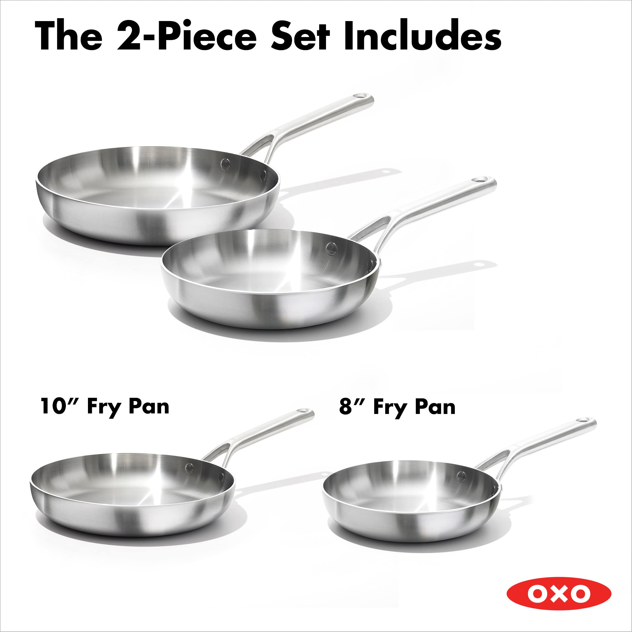 OXO Mira Tri-Ply Stainless Steel, 8" and 10" Frying Pan Skillet Set, Induction, Multi Clad, Dishwasher and Metal Utensil Safe,Black